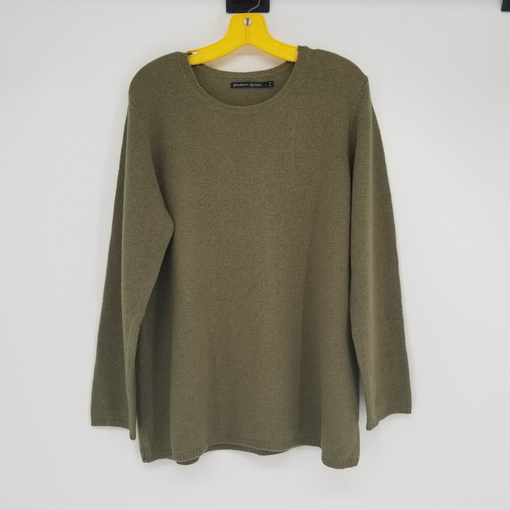 Gudrun Sjoden L Olive Green Wool Sweater - Medium Weight, Relaxed Fit, Lagenlook